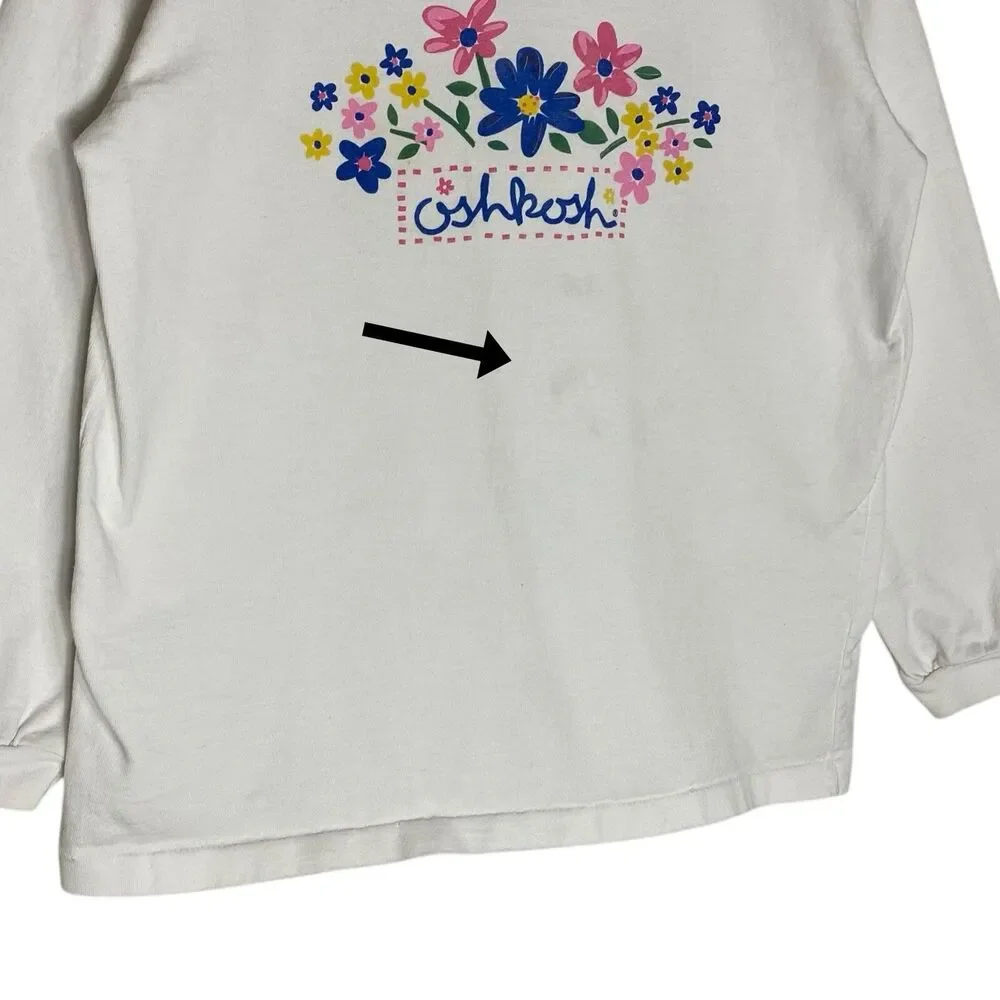 Vintage 90s OshKosh B'gosh Shirt Girls 5 White Top Flowers Long Sleeve USA Y2K